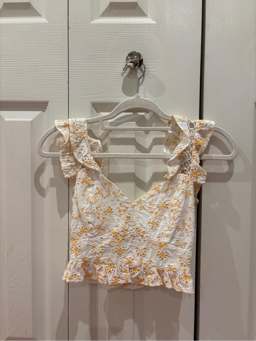 White Eyelet Ruffle Crop Top with Yellow Floral Embroidery